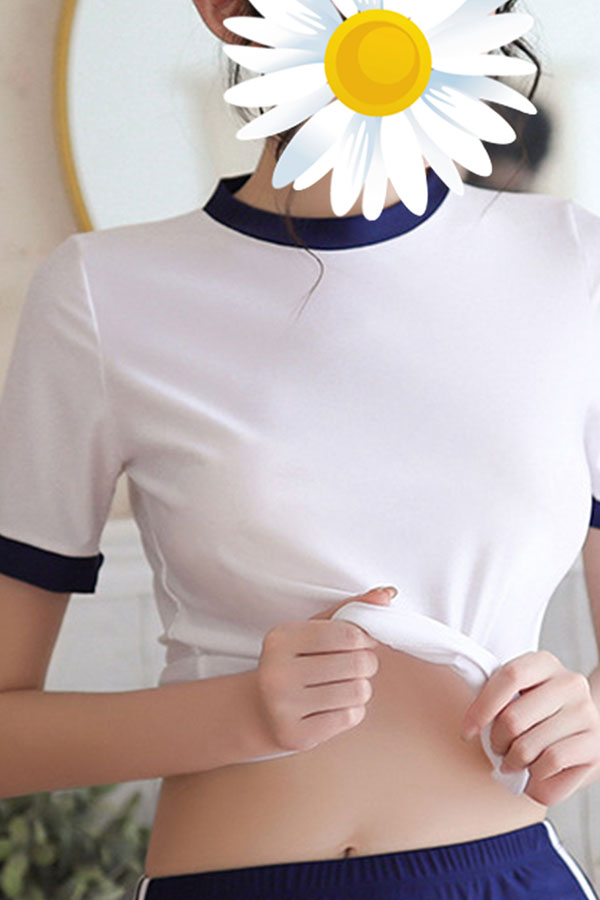 11660298075_1505824514 和風可愛い清純体操服セット:白トップスに紺色パイピング、フィット感のあるブルマーを見せる商品外観.