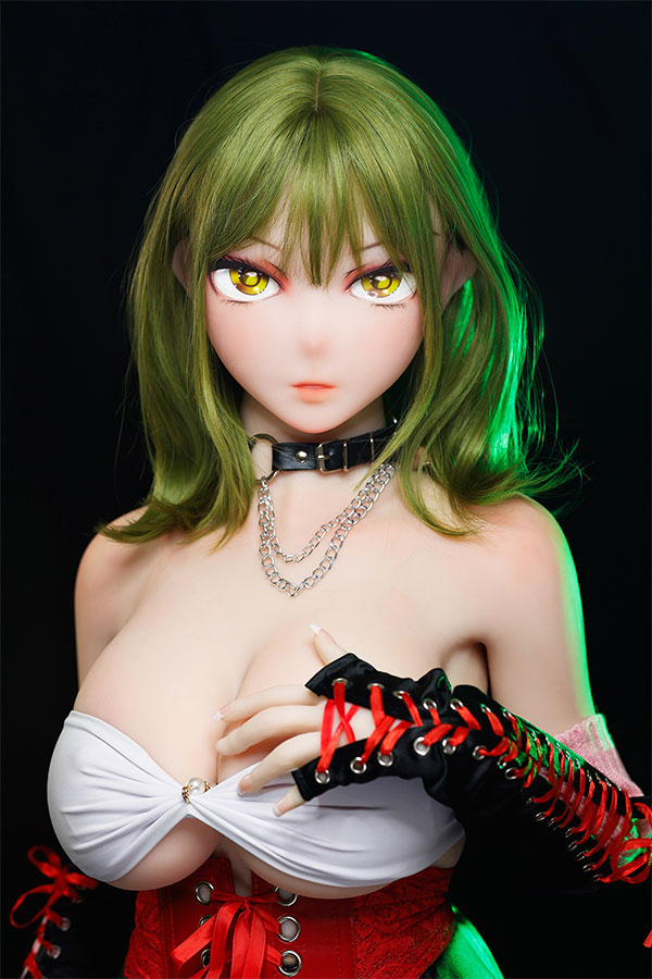 JF-3828 鮮やかな緑色のショートウィッグ、尖った耳と大きな黄色い瞳。コスプレ、アニメスタイル、黒のチョーカーとチェーン、レースアップグローブ付き。.