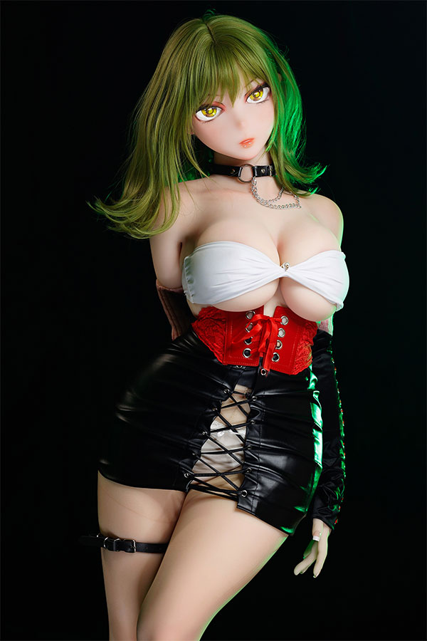 JF-382801 緑色のショートウィッグ、尖った耳、大きな黄色い瞳。アニメ風コスプレ衣装:白いチューブトップ、赤いレースアップコルセット、黒いミニスカート、チョーカー、グローブ。製品紹介ページ用。.